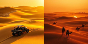 Split-view photo featuring a quad bike driving on golden desert dunes on the left and a camel caravan riding at sunset on the right, Khaleej Fusion