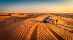 Tourists standing by a 4x4 vehicle on golden sand dunes watching the sunset during a Dubai desert safari tour, Khaleej Fusion