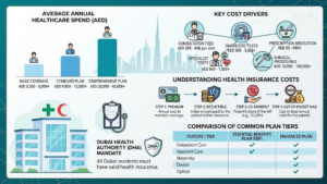 Infographic detailing Dubai healthcare costs, health insurance tiers, key medical expense drivers, and the DHA mandate, Khaleej Fusion