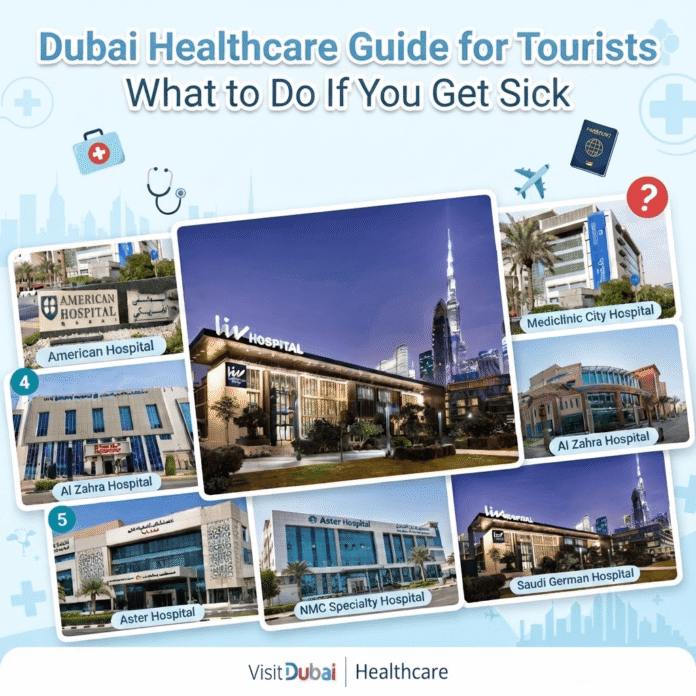 Infographic providing a Dubai healthcare guide for tourists showing major hospitals like American, Mediclinic, Al Zahra, Aster, and Saudi German, Khaleej fusion