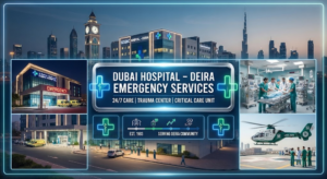 Infographic highlighting Dubai Hospital in Deira emergency services, trauma center, and 24/7 critical care, Khaleej fusion