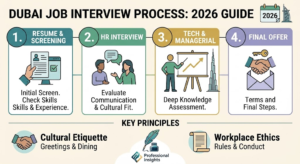 Infographic detailing the 2026 Dubai job interview process, covering resume screening, HR, tech assessments, and cultural etiquette, Khaleej Fusion
