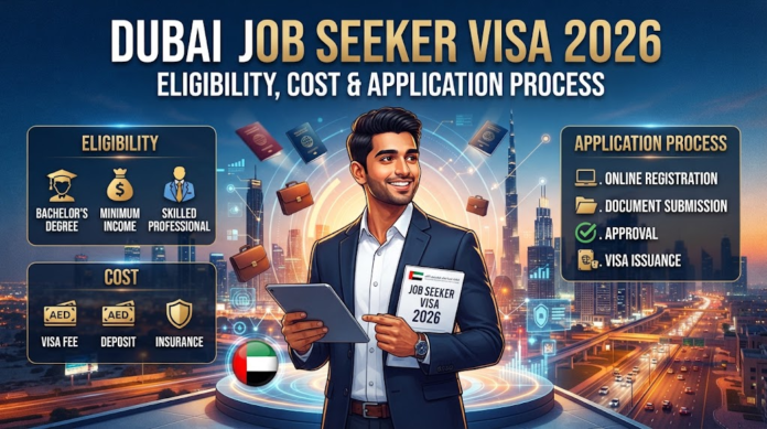 Infographic detailing the Dubai Job Seeker Visa 2026, outlining eligibility criteria, cost factors, and the step-by-step application process, Khaleej fusion
