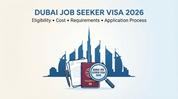 Infographic covering the Dubai Job Seeker Visa 2026 eligibility, costs, requirements, and application process with passport and skyline graphics, Khaleej Fusion