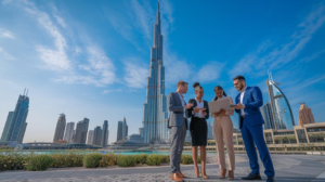 Business professionals networking outdoors with a laptop in front of the Burj Khalifa and Dubai city skyline, Khaleej fusion