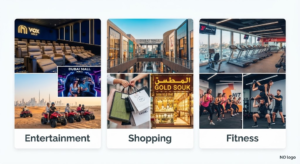 Collage illustrating lifestyle options in Dubai, featuring entertainment venues, shopping malls, and fitness centers, Khaleej Fusion