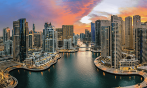 Panoramic twilight view of the Dubai Marina skyline and waterfront promenade framed by modern skyscrapers, Khaleej Fusion