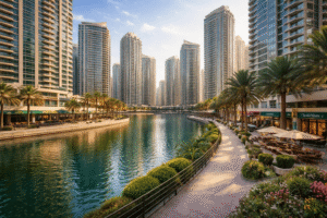 Scenic view of the Dubai Marina waterfront promenade featuring outdoor dining, palm trees, and towering skyscrapers, Khaleej Fusion
