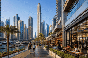 People walking along the Dubai Marina waterfront promenade past outdoor dining areas and towering skyscrapers, Khaleej Fusion