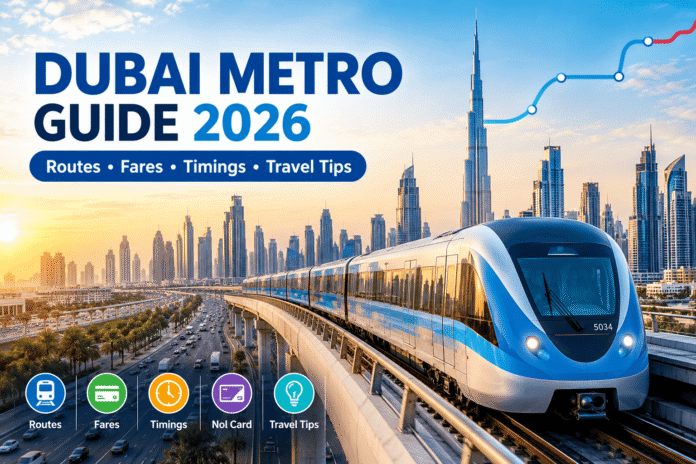 Infographic featuring the Dubai Metro Guide 2026, detailing routes, fares, timings, Nol cards, and travel tips, Khaleej Fusion