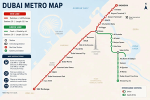 Dubai Metro network map showing the Red and Green lines, stations, interchange stations, and operational instructions, Khaleej Fusion