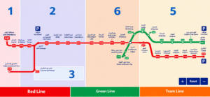 Dubai Metro network map illustrating the Red Line, Green Line, and Tram Line with numbered fare zones and station names, Khaleej Fusion