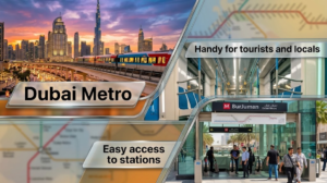 Collage featuring the Dubai Metro, station interiors, map overlays, and people accessing BurJuman station, Khaleej Fusion