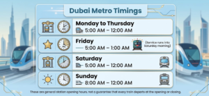 Infographic outlining Dubai Metro operational timings from Monday through Sunday, including extended service hours on Fridays, Khaleej Fusion