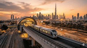 Dubai Metro train traveling on an elevated track near a station with the skyline and Burj Khalifa at sunset, Khaleej Fusion