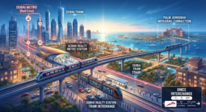 Infographic illustrating the interconnectivity of the Dubai Metro Red Line, Dubai Tram at Sobha Realty and DMCC stations, and the Palm Jumeirah Monorail connection, Khaleej Fusion