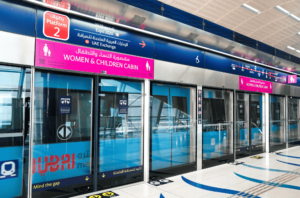 Dubai Metro platform screen doors marked for the Women and Children Cabin on Platform 2, Khaleej Fusion