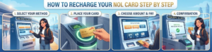 Step-by-step infographic illustrating how to recharge a Dubai Nol card at a station machine, Khaleej Fusion