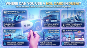Infographic showing where to use a Nol card in Dubai, including Metro, buses, tram, water transport, parking, and retail, Khaleej Fusion