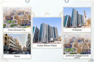 Collage of popular Dubai residential neighborhoods including International City, Deira, Dubai Silicon Oasis, Al Nahda, and JVC, Khaleej Fusion