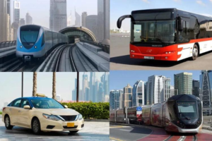 Collage featuring four main modes of public transportation in Dubai, including the Dubai Metro, public bus, RTA taxi, and Dubai Tram, Khaleej Fusion