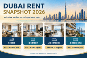 Infographic showing 2026 median annual apartment rents in Dubai for studios, one, two, and three bedrooms, Khaleej Fusion