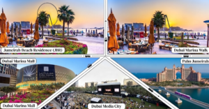 Collage of popular destinations accessible by the Dubai Tram, featuring Jumeirah Beach Residence, Dubai Marina Walk, Dubai Marina Mall, Dubai Media City, and Palm Jumeirah, Khaleej Fusion