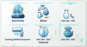 Infographic detailing monthly utility expenses in Dubai, including electricity, water, cooling, and internet costs, Khaleej Fusion