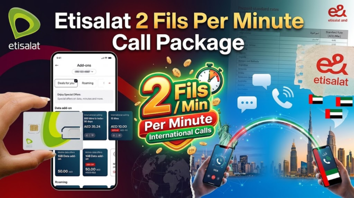 Promotional graphic for Etisalat 2 Fils per minute international call package with mobile app, Khaleej fusion