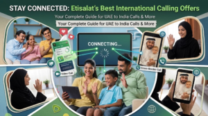 Infographic collage illustrating Etisalat international calling offers and video calls from UAE to India, Khaleej fusion
