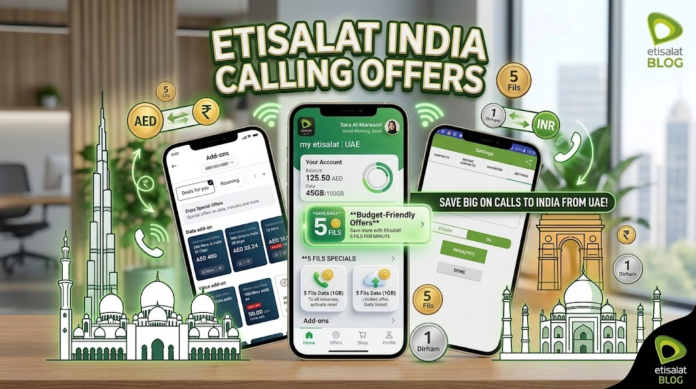 Promotional graphic displaying Etisalat UAE calling plans and discount packages for calls to India, Khaleej fusion