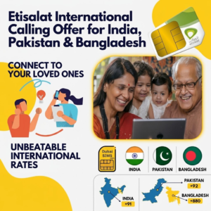 Infographic highlighting Etisalat international calling rates from UAE to India, Pakistan, and Bangladesh, Khaleej fusion