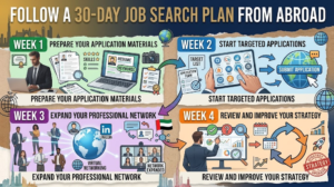 Infographic outlining a structured 30-day job search plan from abroad, covering weekly steps from application preparation and targeted submissions to professional networking and strategy reviews, Khaleej Fusion