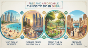 Infographic highlighting free and affordable activities in Dubai, including public beaches, Marina Walk, parks, and Old Dubai, Khaleej Fusion