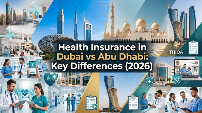 Comparison graphic highlighting key differences between health insurance in Dubai and Abu Dhabi, Khaleej fusion