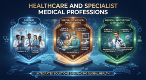 Infographic breaking down healthcare and specialist medical professions, covering primary care, surgical specialties, biomedical research, and pharmaceutical development, Khaleej Fusion