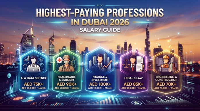 Infographic detailing highest-paying professions in Dubai for 2026, highlighting top monthly salaries in AI, healthcare, finance, law, and engineering, Khaleej Fusion
