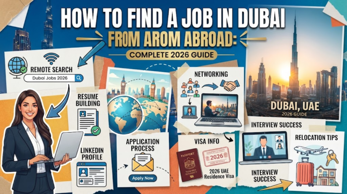 Comprehensive 2026 infographic guide on finding a job in Dubai from abroad, covering remote search, resume building, networking, visa info, interviews, and relocation tips, Khaleej Fusion