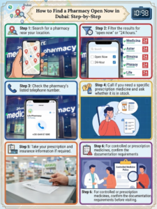 Infographic showing a step-by-step guide on how to find a pharmacy open now in Dubai, covering search, filters, calling ahead, prescriptions, and controlled medicine policies, Khaleej fusion