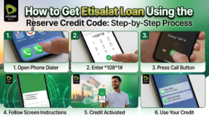 Six-step infographic showing how to get an Etisalat credit loan using code 1081#, Khaleej fusion