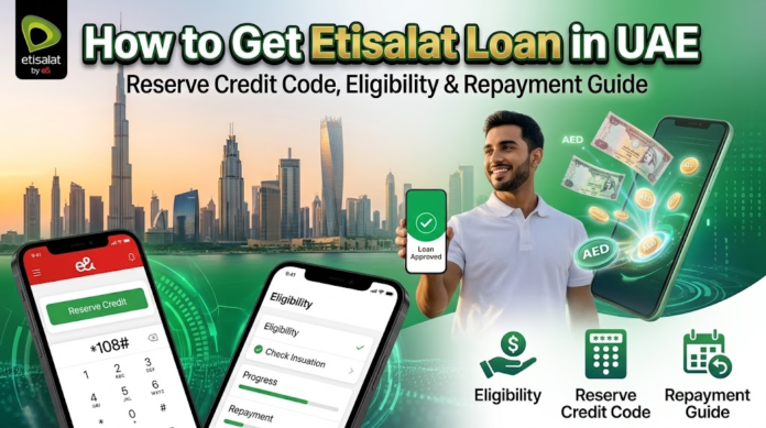 Guide detailing Etisalat UAE reserve credit loan code *108#, eligibility criteria, and repayment terms, Khaleej fusion