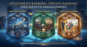 Infographic breaking down investment banking, private banking, and wealth management, covering corporate finance, asset management, financial planning, and tax optimization, Khaleej Fusion