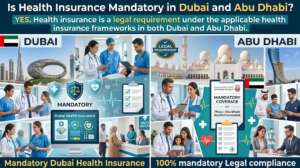 Infographic explaining mandatory health insurance legal requirements in Dubai and Abu Dhabi, Khaleej fusion