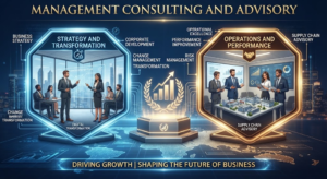 Infographic breaking down management consulting and advisory, covering strategy and transformation, operations and performance, change management, and supply chain advisory, Khaleej Fusion