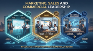 Infographic breaking down marketing, sales, and commercial leadership, covering brand strategy, lead management, business strategy, and revenue growth, Khaleej Fusion