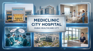 Infographic showcasing Mediclinic City Hospital facilities and medical services in Dubai Healthcare City, Khaleej fusion