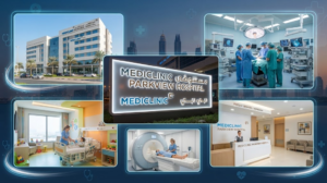 Infographic highlighting Mediclinic Parkview Hospital facilities, operating theaters, diagnostic imaging, and inpatient rooms in Dubai, Khaleej fusion