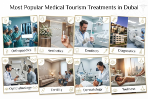 Infographic highlighting the most popular medical tourism treatments in Dubai, featuring orthopaedics, aesthetics, dentistry, diagnostics, ophthalmology, fertility, dermatology, and wellness, Khaleej fusion