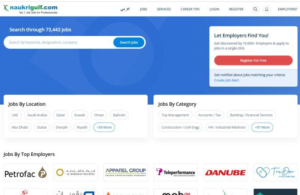 Naukrigulf.com homepage interface displaying the job search bar, jobs by location and category, and top employers, Khaleej Fusion