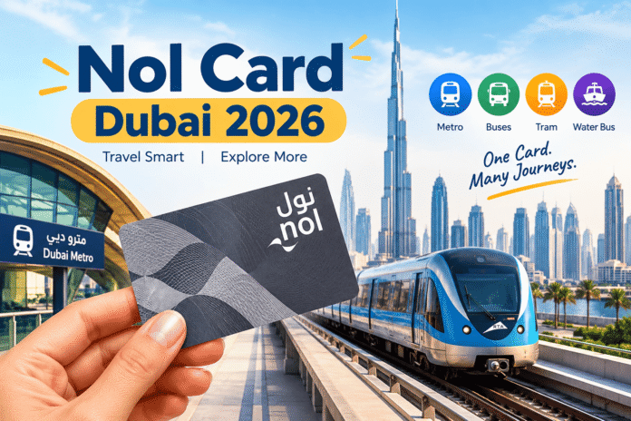 Hand holding a Dubai Nol Card with city skyline and public transit icons for 2026 travel, Khaleej Fusion